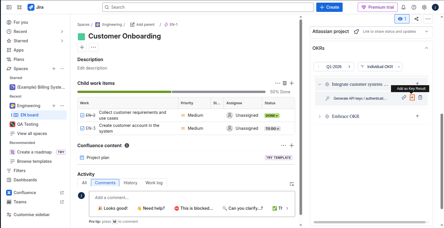 Create a Jira Epic as a Sub-Key Result screenshot 1
