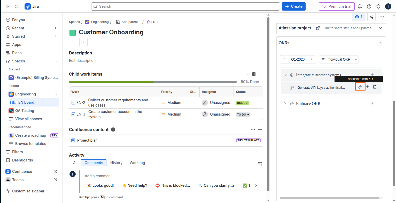 To track the Jira Epic Progress as an Existing Key Result screenshot 1